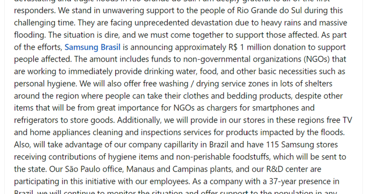Samsung doa R$ 1 milhão para vítimas de enchentes no Rio Grande do Sul