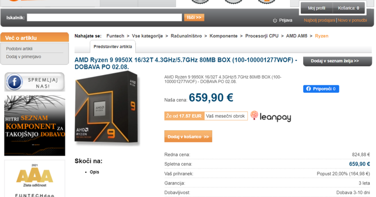 Loja na Eslovênia lista preços dos novos processadores Ryzen 9000